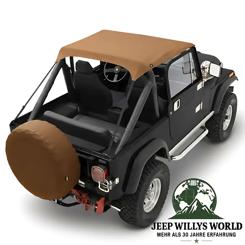 Bestop Bikini Top Traditional Style Tan Denim Jeep CJ7 CJ8 Wrangler YJ (76-91), montiert.