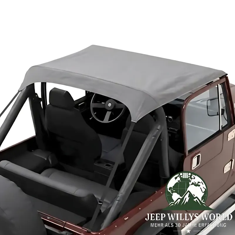 Bestop Bikini Top Traditional Style Charcoal Denim Jeep CJ7 CJ8 Wrangler YJ (76-91), montiert, Nahansicht.