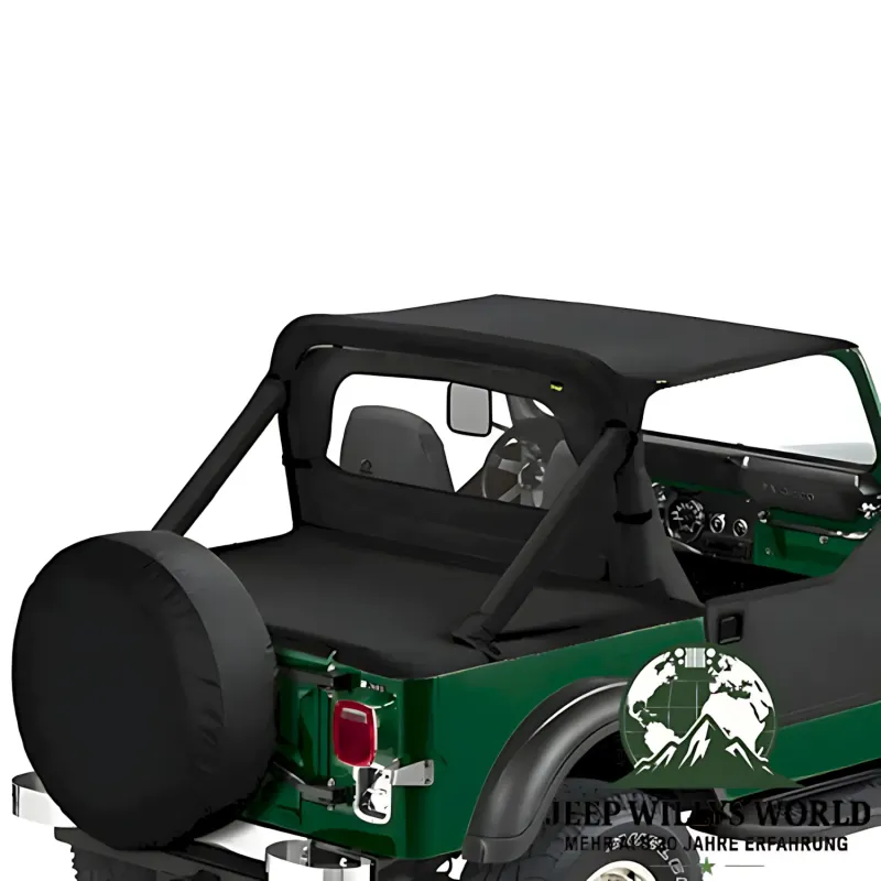 Duster Deck Cover Heckabdeckung  Black Crush Bestop Jeep CJ7, Wrangler YJ (80-91)  montiert, mit Bikini Top & Windjammer.