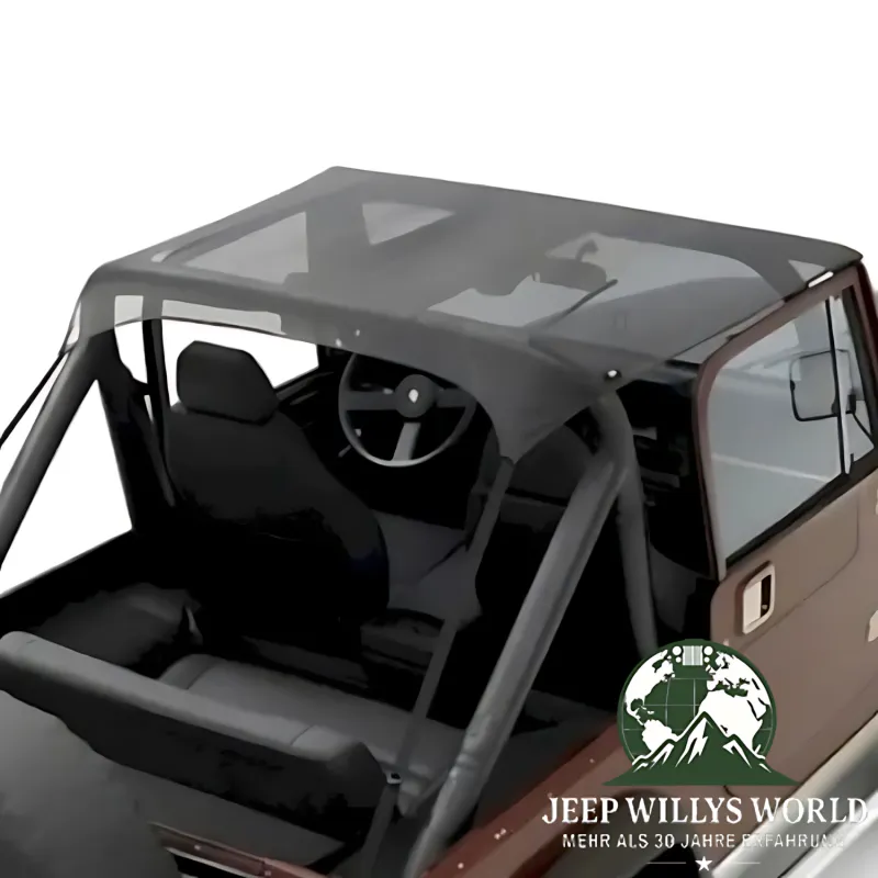 Bestop Bikini Top Traditional Style Mesh Netting Jeep CJ7 CJ8 Wrangler YJ (76-91), mounted, close up.