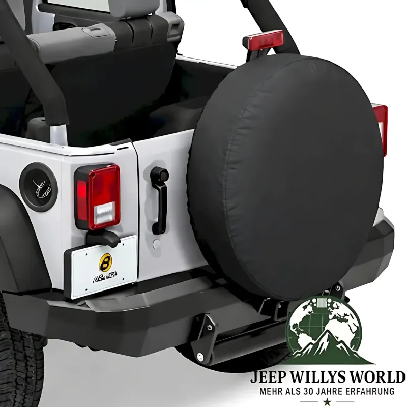 Bestop Tire Cover Black Denim 33inch Jeep CJ 5, CJ7, CJ8, Wrangler YJ, TJ, JK (55-18), mounted.