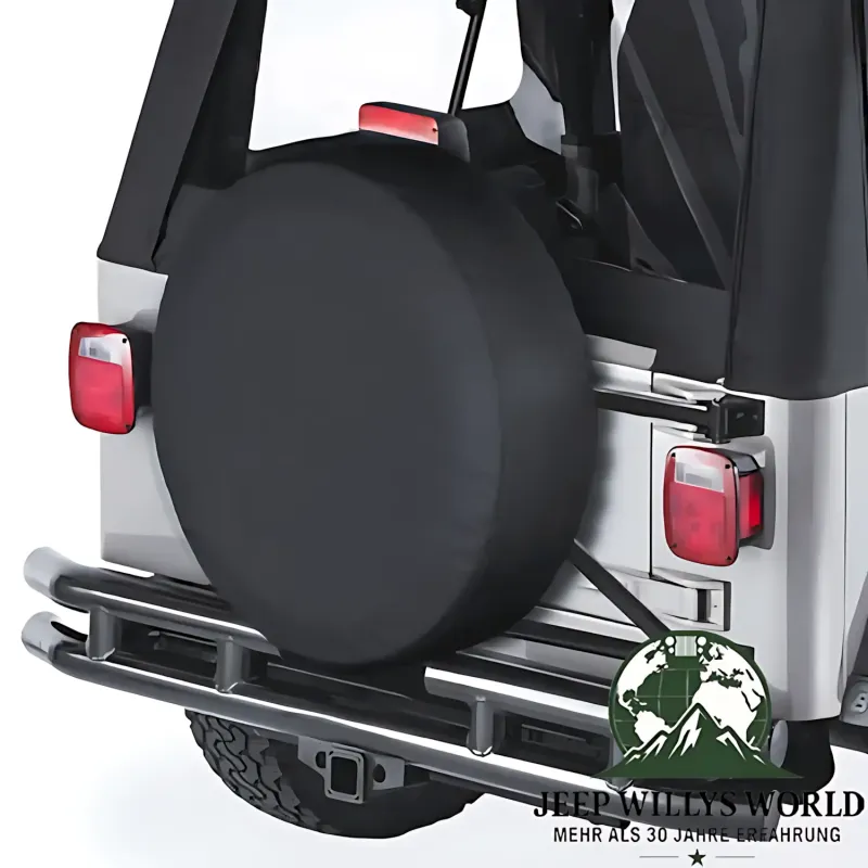 Bestop Reserveradhülle Black Diamond 28 inch Jeep CJ5, CJ7, CJ8, Wrangler YJ, TJ, JK (76-18), montiert, Nahansicht.