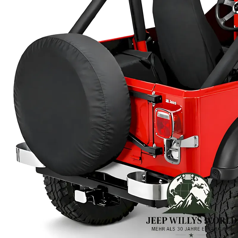 Tire Cover Black Denim Jeep CJ 5, CJ7, CJ8, Wrangler YJ, TJ, JK (55-18), mounted.