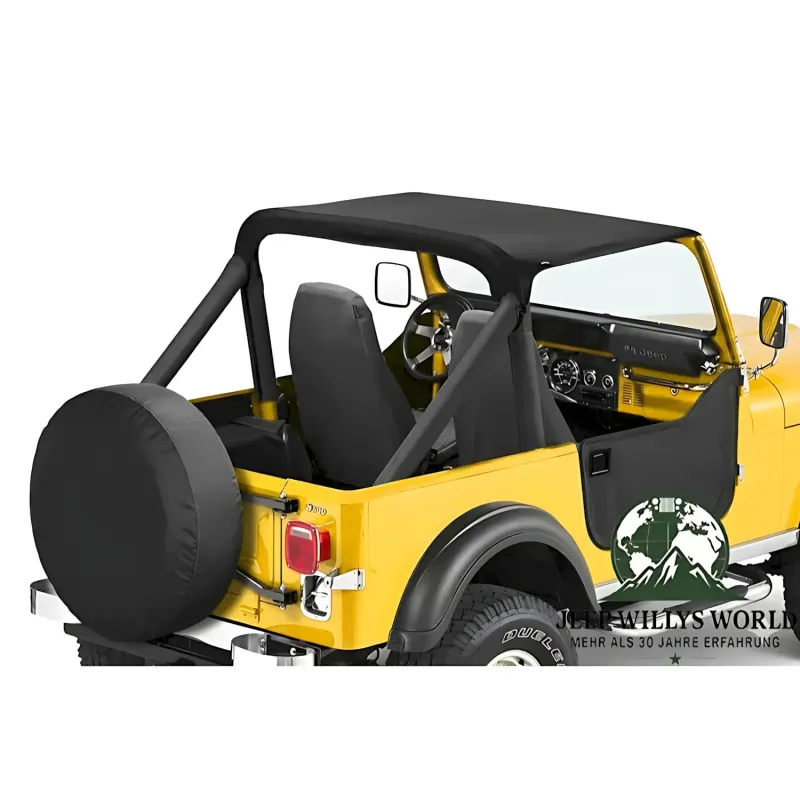 Bikini Top Strapless Black Crush Bestop Jeep CJ7 (80-86), montiert mit Softtop Halbtüren, Nahansicht.