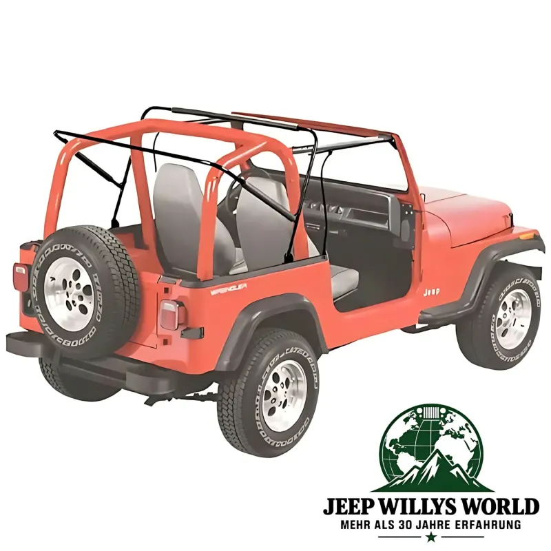 Rahmen von Bestop Supertop mit teilbaren Türen in Spice Denim (braun). Jeep CJ7, Wrangler YJ (76-95) am Fahrzeug montiert.