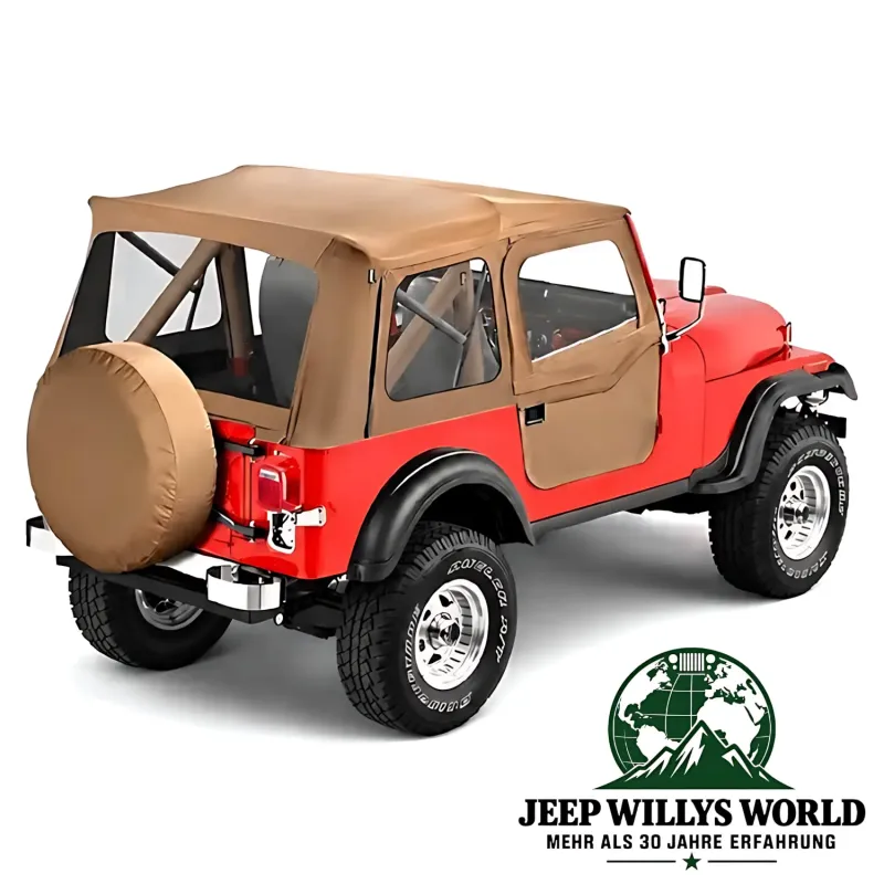 Bestop Supertop Softtop mit teilbaren Türen in Spice Denim (braun). Jeep CJ7, Wrangler YJ (1976-1995) am Fahrzeug montiert.