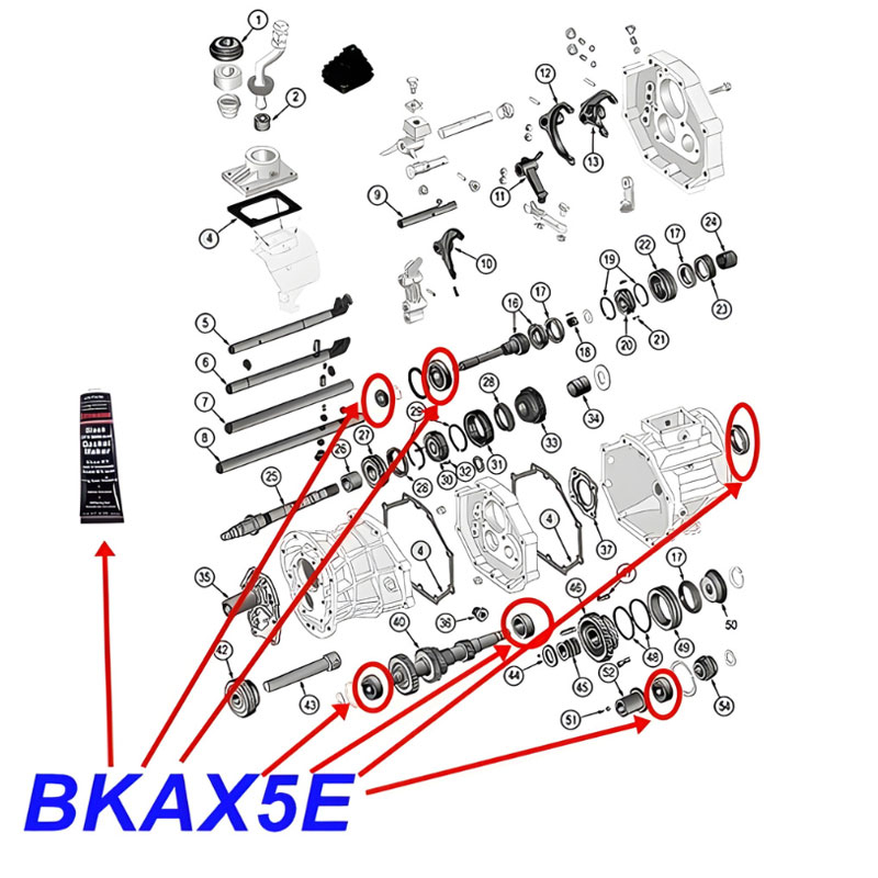 Lager und Simmerring Set für AX15 Schaltgetriebe. Jeep Cherokee XJ / Wrangler YJ (1984-05.11.1988), Explosionszeichnung die mit rotem Pfeil die Position der Set-Bestandteile am Schaltgetriebe zeigt.