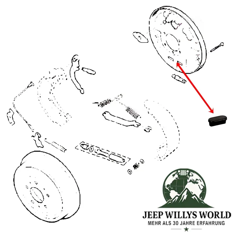 Technische Zeichnung mit Pfeilbeschriftung, wo der Gummistopfen vom Bremsnachsteller, Handbremse Jeep CJ, Cherokee, Wrangler, Grand Cherokee, Gladiator 76-24 platziert wird.