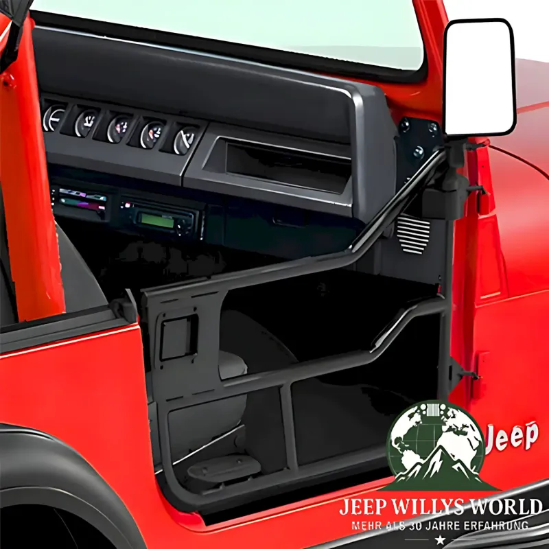 Element Doors HighRock 4x4 Matt Black Bestop powder coated Jeep CJ7, CJ8, Wrangler YJ (80-95). mounted, close-up.