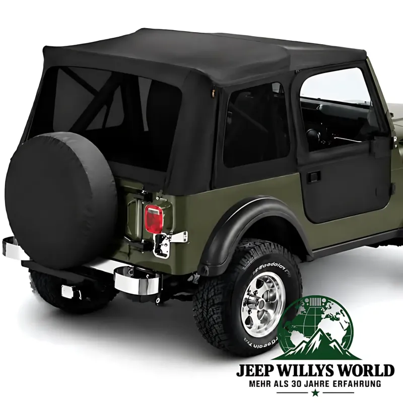 Getönten Scheiben am Supertop Jeep CJ7, Wrangler YJ (76-95) montiert mit teilbaren Türen, Nahansicht.
