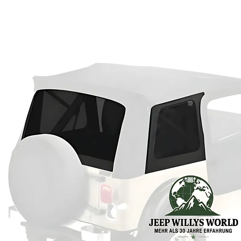 Getönte Verdeckscheiben Supertop Black Denim Jeep CJ7, Wrangler YJ (76-95). Hervorgehoben auf ausgegrauter Detailansicht.