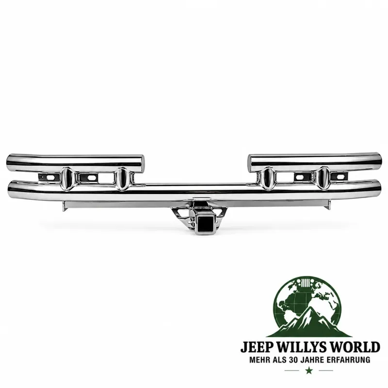 Rugged Ridge Heckstoßstange hinten Doppel Rohr Bumper 3" Edelstahl mit 2″ Aufnahme für US-Anhängerkupplung Jeep Wrangler YJ TJ (1987-2006)