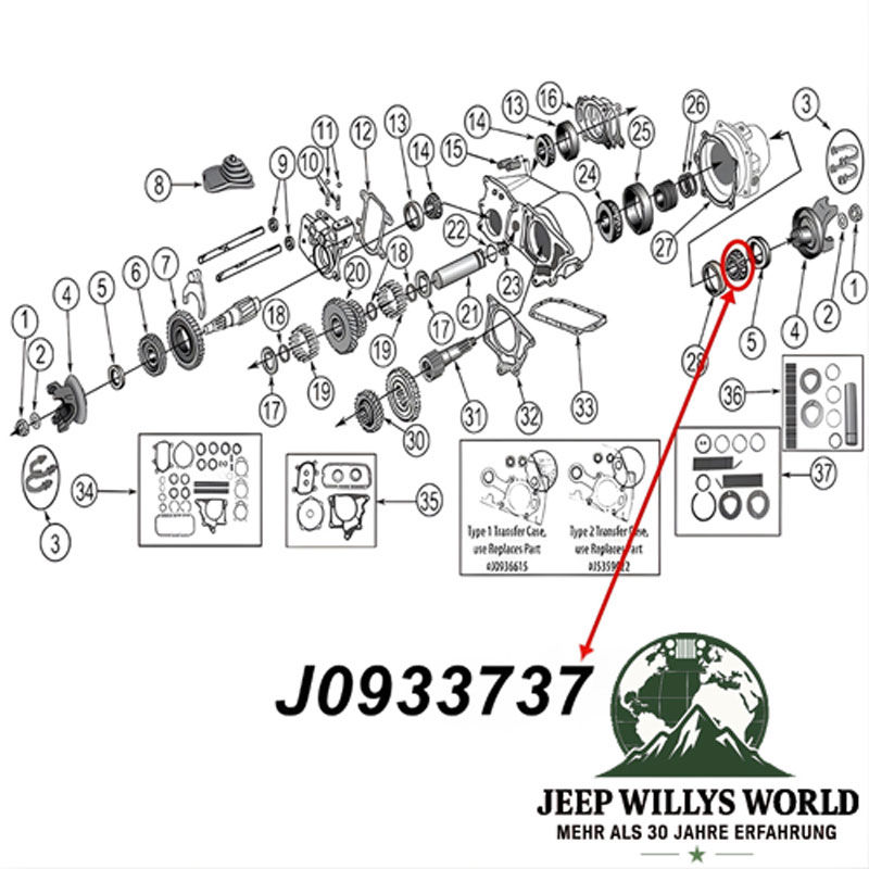 Lager Ausgangswelle Dana 20, 300 Verteilergetriebe Ausgang (außen) Jeep SJ J Serie / CJ5 / CJ6 / CJ7 / CJ8 (62-86), Technische Zeichnung mit roten Pfeilen zur Position des Lagers am Verteilergetriebes.