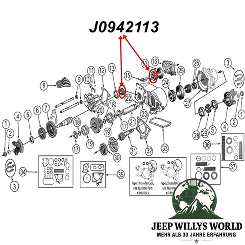 Lager Hauptwelle Ausgang Dana 20 Verteilergetriebe Jeep CJ5 / CJ6 / CJ7 (72-79), Technische Zeichnung mit roten Pfeilen zur Position des Simmerrings am vordern und hinteren Verteilergetriebes...