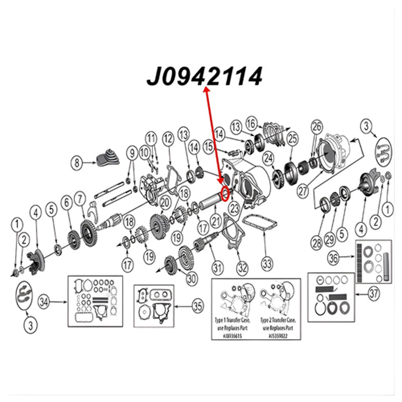 O-Ring für Zwischenwellen Schaft Simmerring Dana 20, 300 Verteilergetriebe Jeep SJ J Serie, C101, C104 Commando, CJ (46-86), Explosionszeichnung die mit einem roten Pfeil die Position des O-Rings am Verteilergetirbe zeigt.