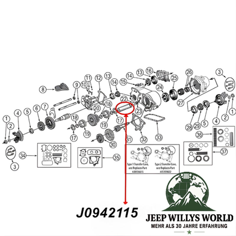 Zwischenwellen Schaft Dana 18, 20, 300 Verteilergetriebe Jeep Willys, CJ (46-86), Explosionszeichnung die mit einem roten Pfeil die Position des Schafts zeigt.