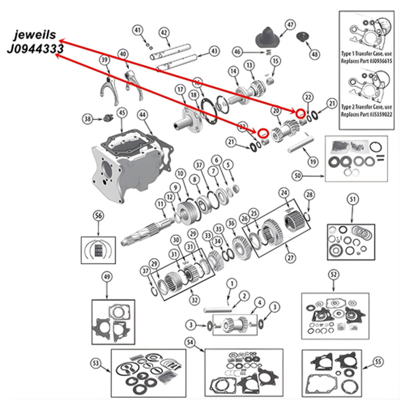 Lagerrolle für Vorgelegewelle Lager SR4 T86 T150 Schaltgetriebe Jeep CJ (66-81), Explosionszeichnung, die mit rotem Pfeil die Position der beiden Nadellager am Schaltgetriebe zeigt.