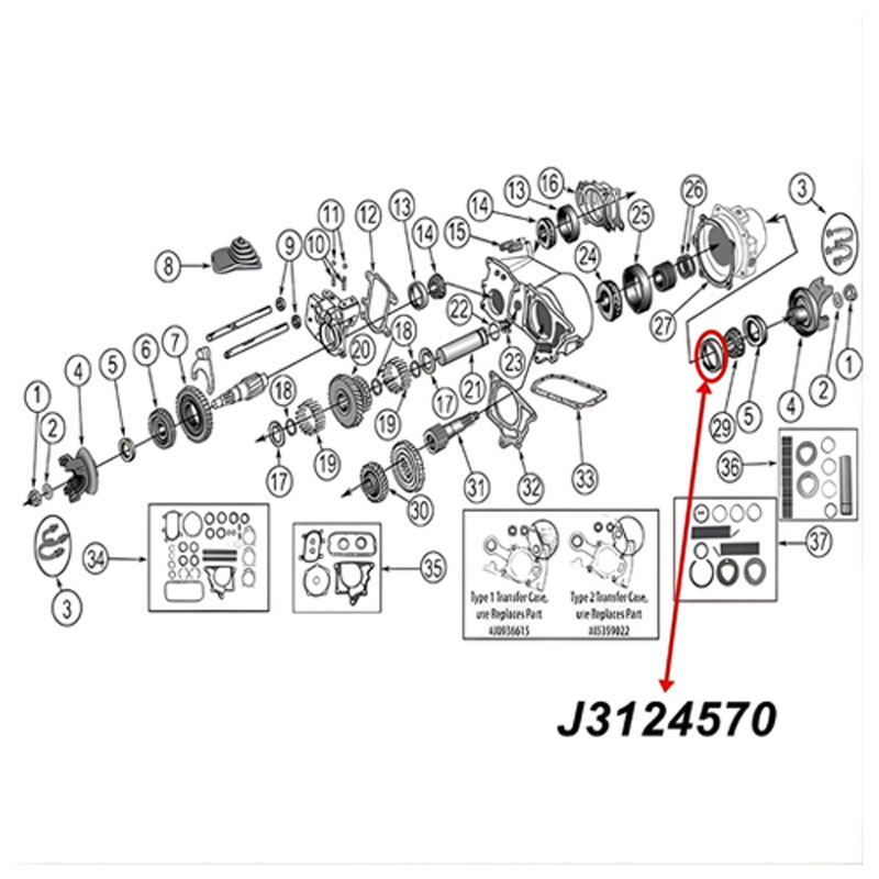 Lagerschale Ausgangswelle Dana 20, 300 Verteilergetriebe hinten (außen) Jeep SJ J Serie / CJ5 / CJ6 / CJ7 / CJ8 (62-86), Technische Zeichnung mit roten Pfeilen zur Position des Lagers am Verteilergetriebes.