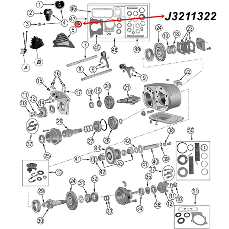 Getriebe- Allradschalter 4WD Dana 300 Quadra-Trac Verteilergetriebe Jeep CJ 80-86, Explosionszecihnung mit rotem Pfeil zur Position des Allradschalters.