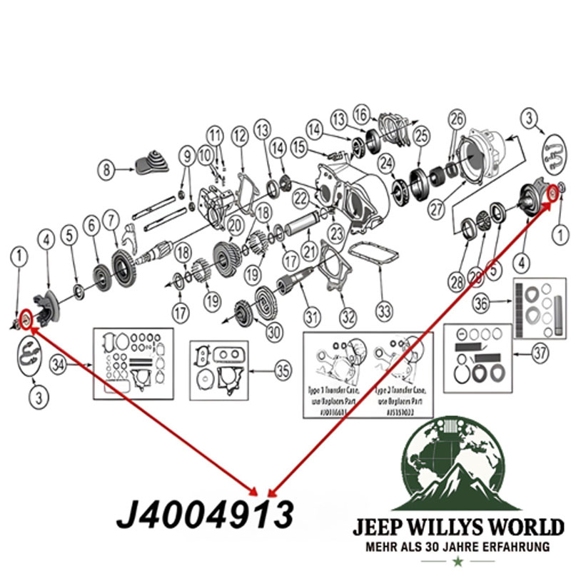 Lock Washer Pinion Nut Dana 18, 20, 300, Quadra-Trac Transfer Case Output (front or rear), Dana 25, 27, 30, 44, 53, 60 Front or Rear Axle Jeep CJ, Willys, M38, M38A1, SJ J Serie, C101 C104 Commando, Wrangler, Grand, Cherokee (41-06), exploded Transfer Cas