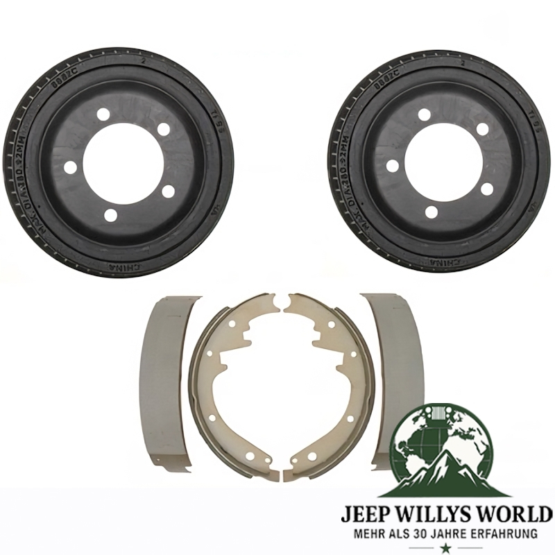 Brake Drum and Brake Pad Set for one axle for Jeep CJ5 CJ6 CJ7 74-78, pictured from above, brake drums front view, Brake pads one showing pad side one side view.