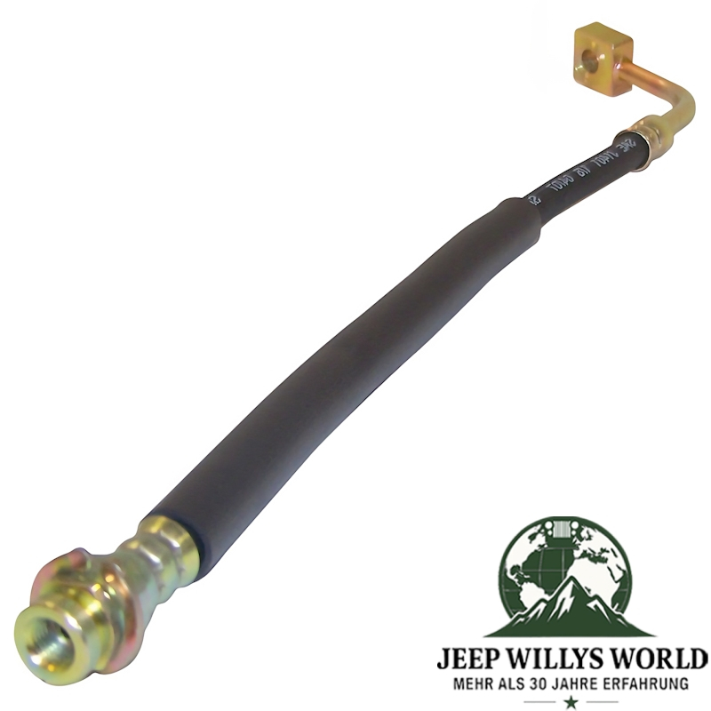 Front right brake hose Jeep CJ7 CJ8 82-86, thread side view with angled joint visable in the back.