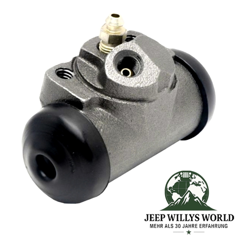 Radbremszylinder hinten links 11" Trommelbremse Jeep CJ5 CJ6 SJ J-Serie C104 Commando 69-75, leicht versetzt von vorne abgebildet, Anschlüsse oben zu sehen.