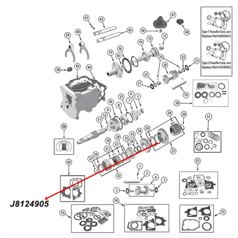 Feder Synchronring 1. und Rückwärtsgang T150 Schaltgetriebe Jeep CJ (76-79), Explosionszeichnung, die mit einem roten Pfeil die Position der Feder im Schaltgetriebe zeigt.