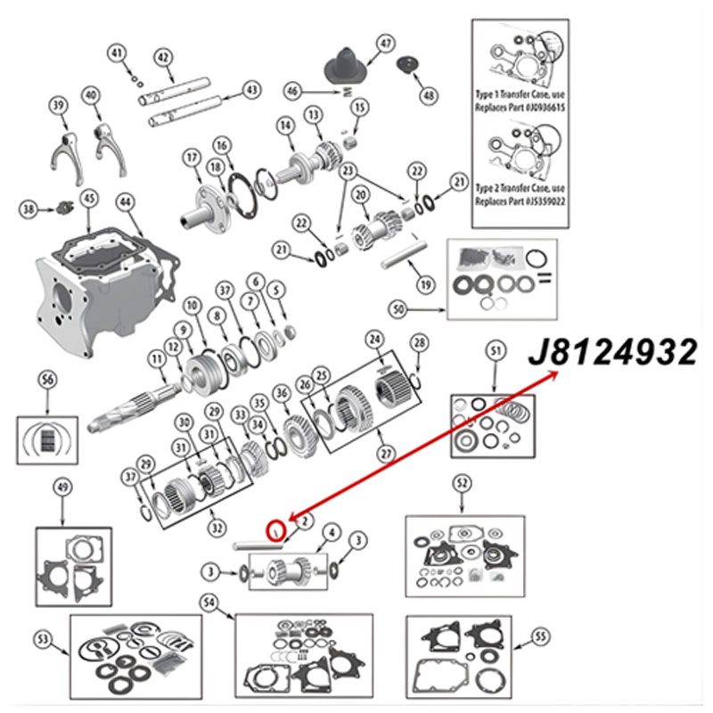 Reverse Idler Gear Pin T150 Transmission Jeep CJ (76-79), exploded drawing of Transmission highlighting the position of Reverse Idler Gear Pin with red arrow.