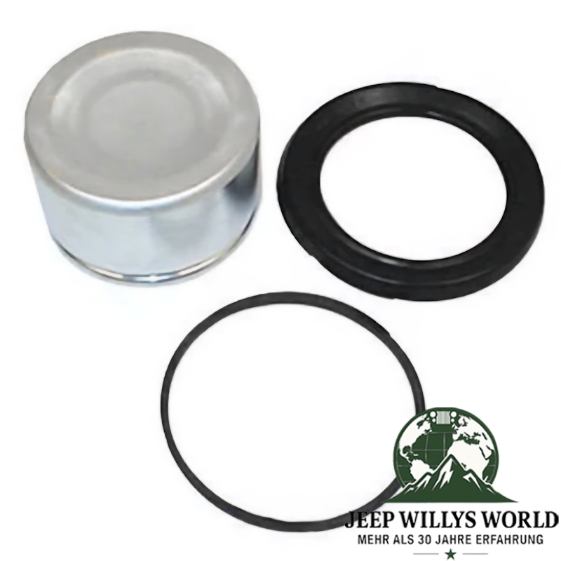 Bremssattel Bremskolben Dichtsatz Repratursatz vorne Jeep CJ5 CJ7 76-78, Kolben, DIchtring und Dichtung abgebildet.
