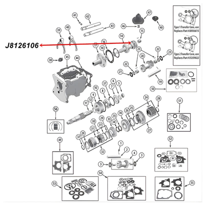 Eingangswelle 10 Spline 20 Zähne T150 Schaltgetriebe Jeep CJ (76-79), Explosionszeichnung, die mit rotem Pfeil die Position der Eingangswelle am Schaltgetriebe zeigt.