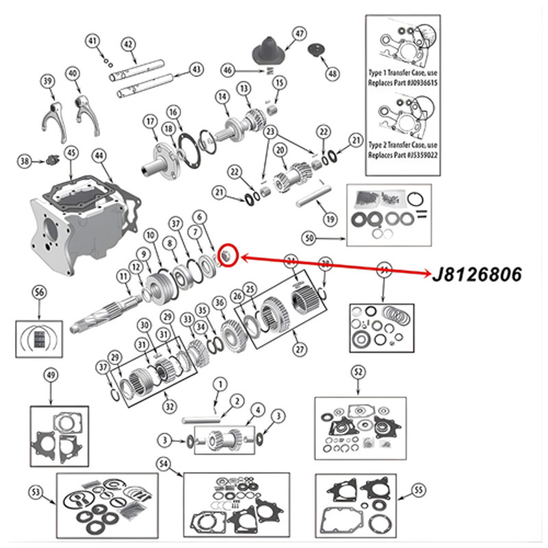 Sicherungsmutter Hauptwelle T14 T15 T18 T86 T90 T98 T150 Schaltgetriebe Jeep CJ / SJ / Willys (46-84), Explosionszeichnung die mit rotem Pfeil die Position der Sicherungsmutter am Schaltegtriebe zeigt.