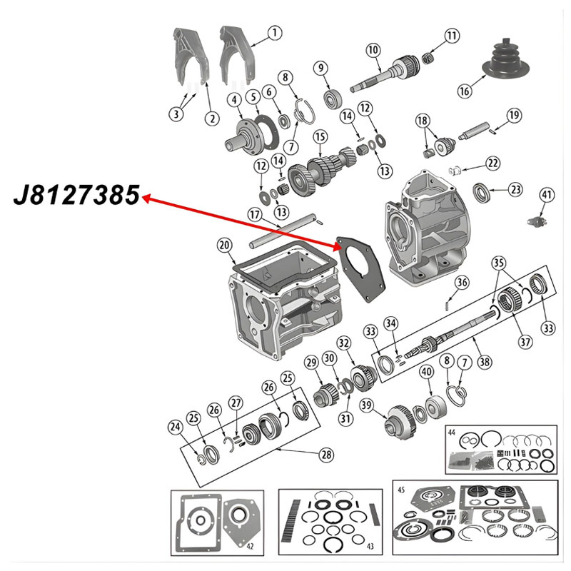 Dichtung für Getriebegehäuse Adapter SR4 Schaltgetriebe Jeep CJ (80-83), Explosionszeichnung, die mit rotem Pfeil die Position der Dichtung am Schaltgetriebe zeigt.