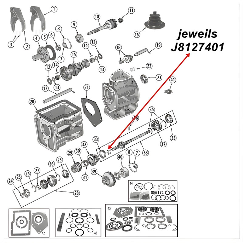 Synchronizer Plate 1st and 2nd SR4 T4 T5 Transmission Jeep CJ / SJ / Cherokee XJ (80-86), exploded drawing highlighting the position of Synchronizer Plate on Transmission with a red arrow.