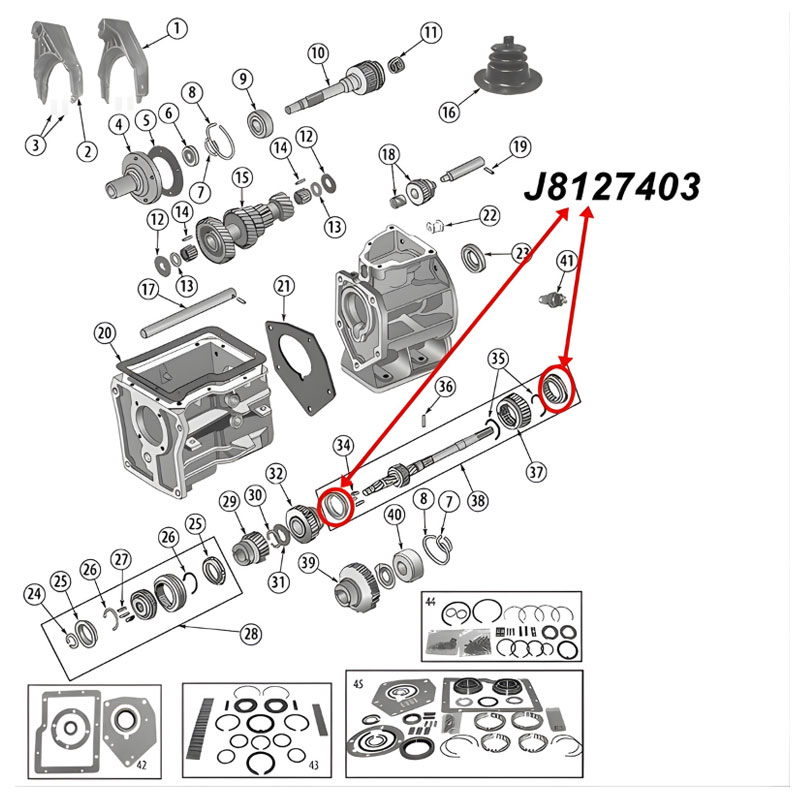 Synchronring Set 1. und 2. Gang SR4 T4 T5 Schaltgetriebe Jeep CJ / SJ / Cherokee XJ (80-86), Explosionszeichnung, die mit roten Pfeilen die Position der Synchronringe am Schaltgetriebe zeigt.