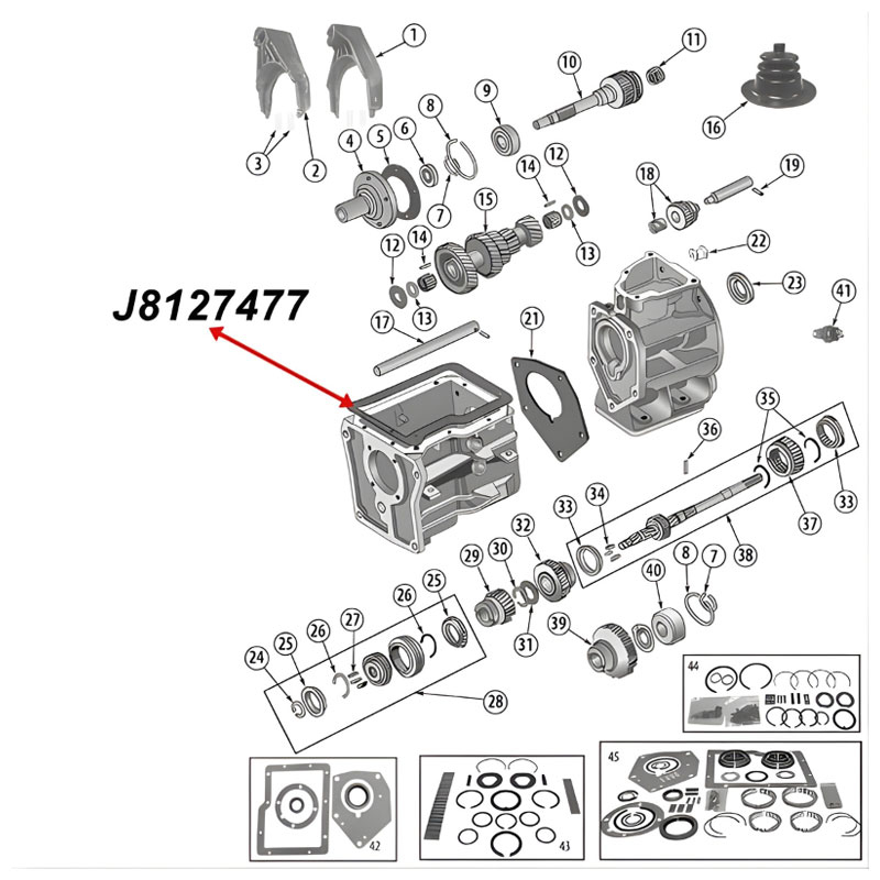 Dichtung für Getriebegehäuse Deckel SR4 Schaltgetriebe Jeep CJ (80-83), Explosionszeichnung, die mit rotem Pfeil die Position der Dichtung am Schaltgetriebe zeigt.