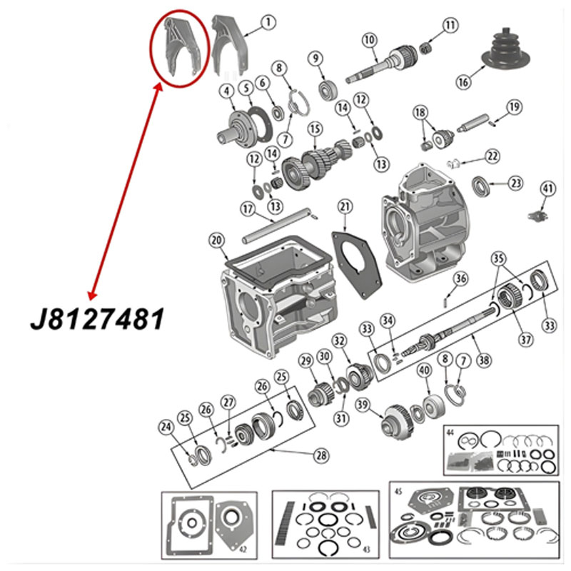 Schaltgabel 3. & 4. Gang SR4 Schaltgetriebe Jeep CJ (80-83), Explosionszeichnung die mit rotem Pfeil die Position der Schaltgabel am Schaltgetriebe zeigt.