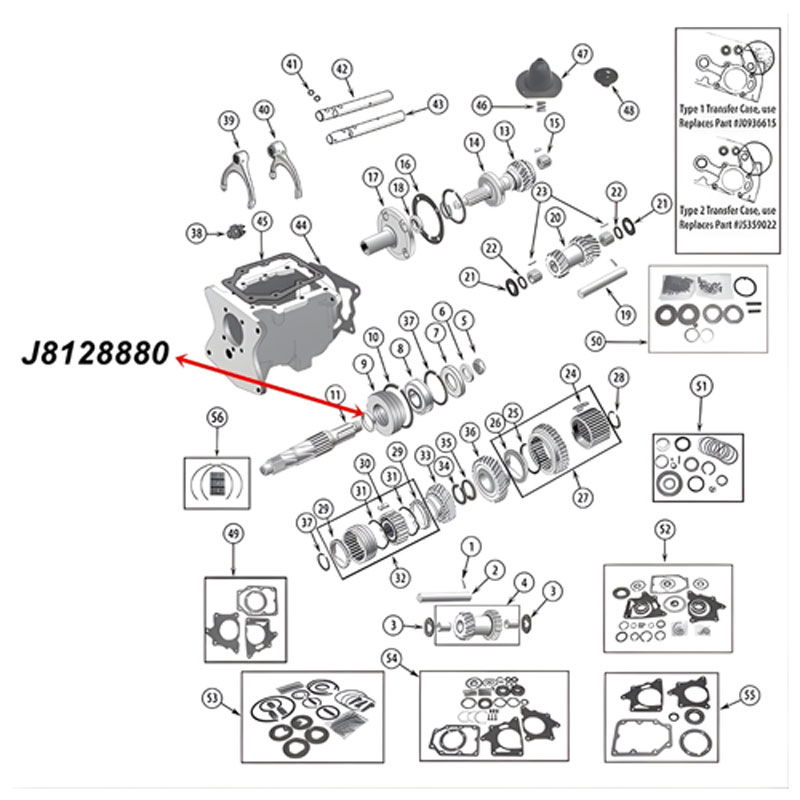 Abstandshalter Spacer Hauptwelle T86 T90 T150 Schaltgetriebe Jeep CJ / SJ / Willys (46-79), Explosionszeichnung, die mit rotem Pfeil die Position des Abstandshalters am Schaltgetriebe zeigt.