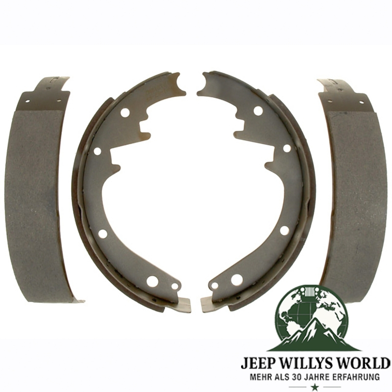 Bremsbeläge Set, vorne oder hinten, Jeep CJ5 CJ6 CJ7 SJ 69-78, 4 Beläge, 2 von der Seite, 2 von Belagseite abgebildet.