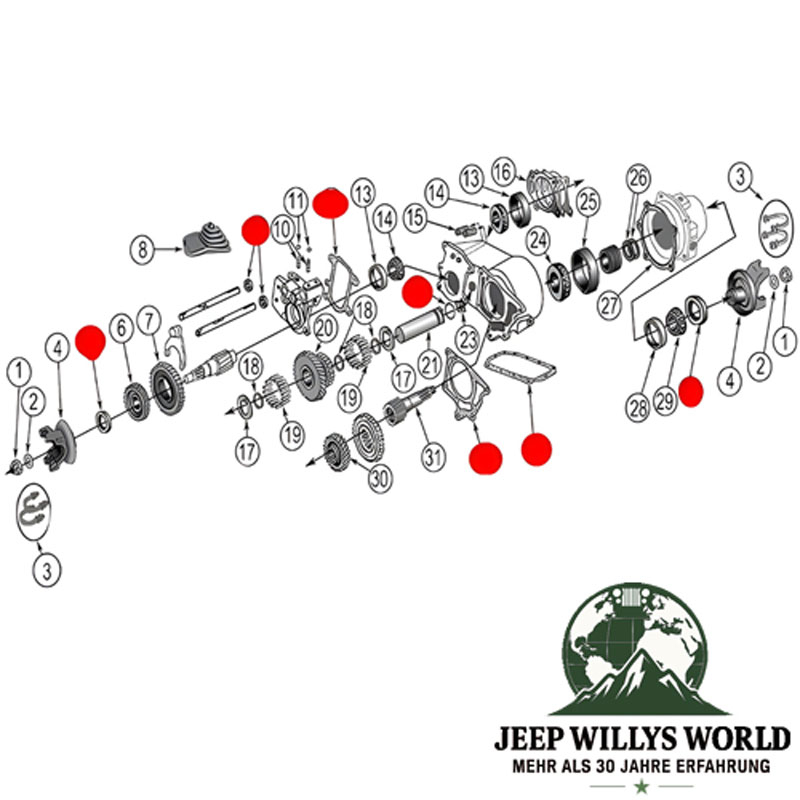 Gaskets and Oil Seals Dana 20 Transfer Case Jeep CJ 72-79, technical drawing highlighting each Kit component in explosive picture.