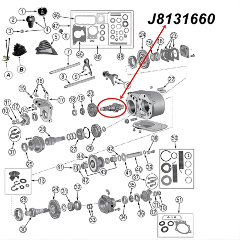 Front Output Shaft Dana 300 Transfer Case Jeep CJ 80-86, exploded drawing highlighting the location of Shaft on Transfer Case.