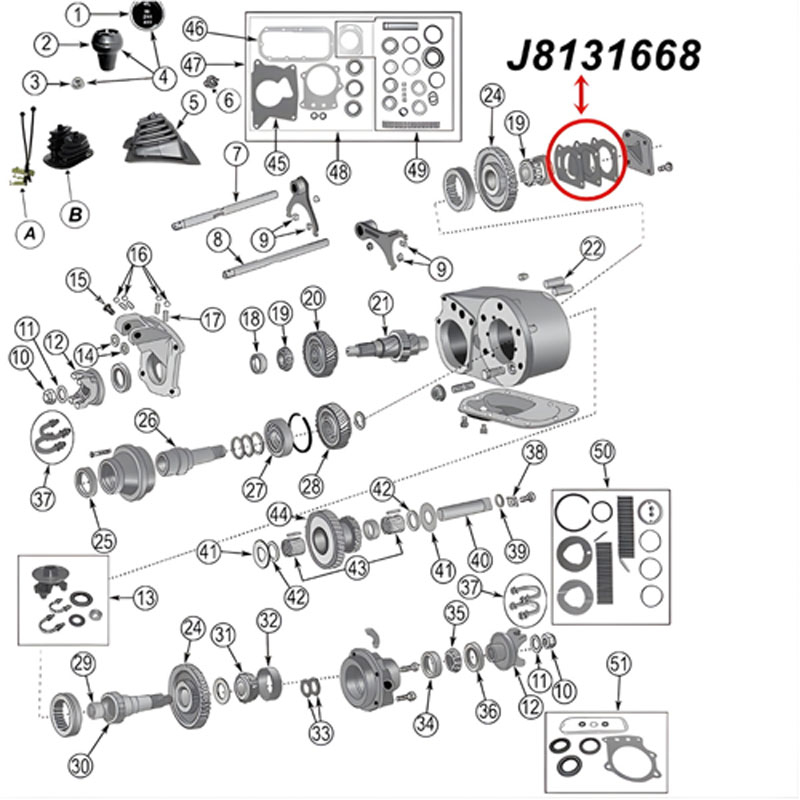 Einstellscheiben Set Ausgangswelle vorne Dana 300 Verteilergetriebe Jeep CJ 80-86, Explosionszeichnung die mit roter Umrandung die Position der Einstellscheiben zeigt.