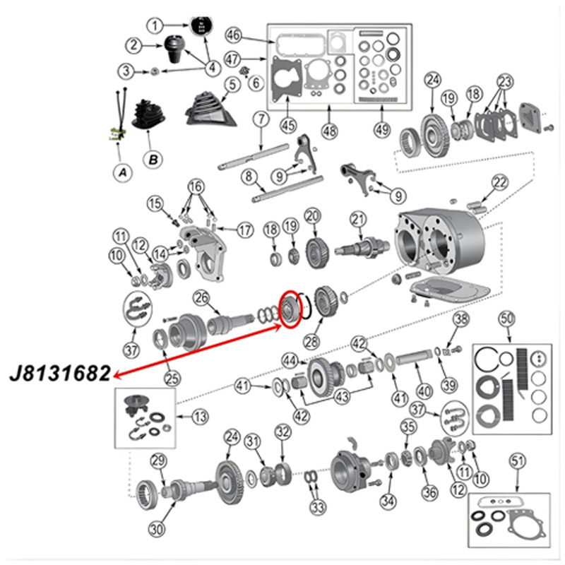 Lager Eingangswelle Dana 300 Verteilergetriebe Jeep CJ 80-86, Explosionszeichnung die mit roter Umrandung die Position des Lagers zeigt.