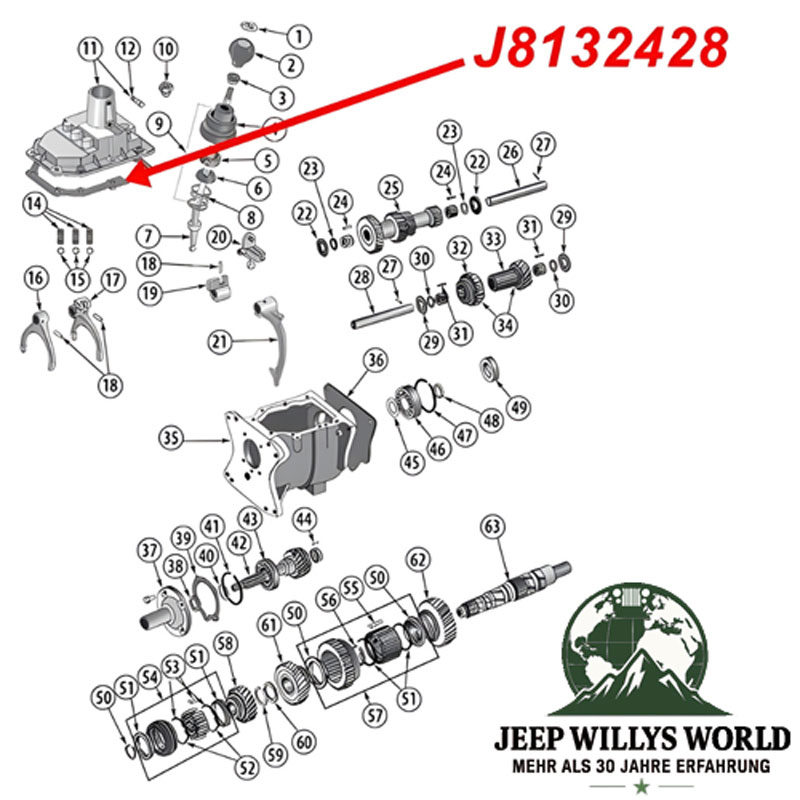 Dichtung für Getriebegehäuse Deckel T176 T177 Schaltgetriebe Jeep CJ / SJ (80-86), Explosionszeichnung, die mit rotem Pfeil die Position der Dichtung am Schaltgetriebe mit einem roten Pfeil zeigt.