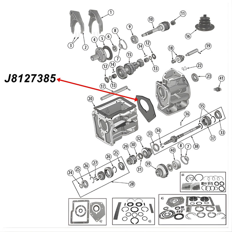 Simmerring Ausgang hinten SR4 T4 T5 Schaltgetriebe Jeep CJ / SJ / Cherokee XJ (80-86), Explosionszeichnung, die mit rotem Pfeil die Position des Simmerrings am Schaltgetriebe zeigt.