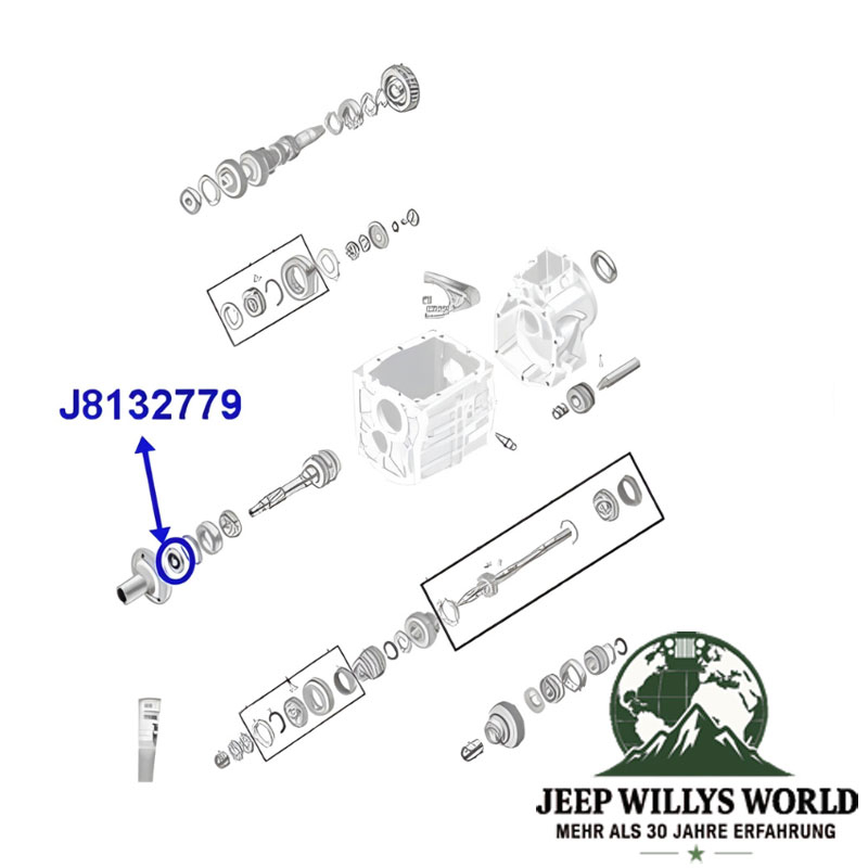 Simmerring Eingangswelle T4 T5 T18 Schaltgetriebe Jeep CJ / SJ / Cherokee XJ (66-86), Explosionszeichnung, die mit blauem Pfeil die Position des Simmerrings am Schaltgetriebe zeigt.