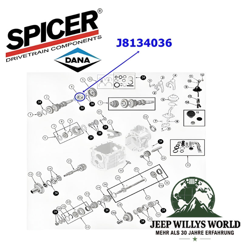 Lager Vorgelegewelle T4 T5 Schaltgetriebe Radlager Dana 35 44 Hinterachse Jeep CJ / SJ / XJ / ZJ / YJ / TJ (82-06), Explosionszeichnung die mit blauem Pfeil die Position des Lagers am Schaltgetriebe zeigt.