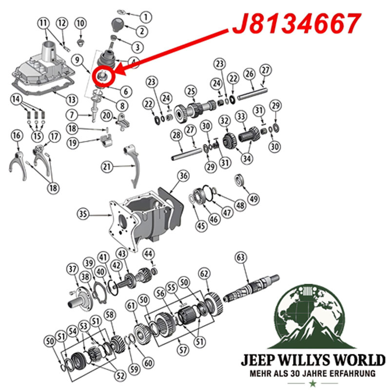 Housing Cap T176 T177 Transmission Jeep CJ (80-86), exploded drawing highlighting the position of Housing Cap on Transmission.