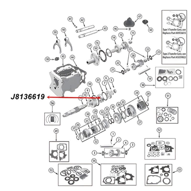 Lager Hauptwelle Ausgang T86 T90 T150 Schaltgetriebe Jeep CJ / SJ / Willys (46-79), Explosionszeichnung, die mit rotem Pfeil die Position des Lagers am Schaltgetriebe zeigt.