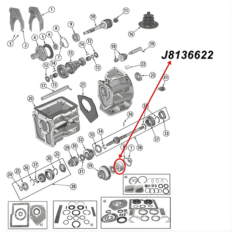 Output Shaft Bearing SR4 Input Shaft T84 Overdrive T85 Transmission Jeep CJ / SJ / Willys (41-83), exploded drawing highlighting the position of Bearing on Transmission with a red arrow.